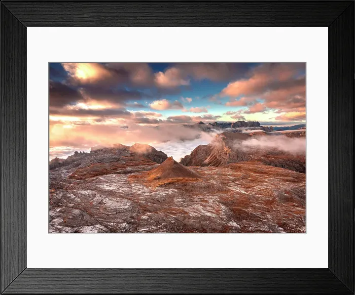 Framed Print : Pink clouds in the romantic sky at dawn over mountains of Puez Odle Natural Park in autumn, South Tyrol, Dolomites, Italy Framed Print : Pink clouds in the romantic sky at dawn over mountains of Puez Odle Natural Park in autumn, South Tyrol, Dolomites, Italy