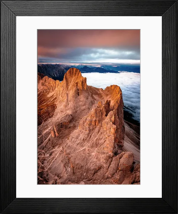 Framed Print : Idyllic sunrise over Catinaccio (Rosengarten), Cima Catinaccio, and Torri Del Vajolet in autumn, aerial view, Dolomites, Italy Framed Print : Idyllic sunrise over Catinaccio (Rosengarten), Cima Catinaccio, and Torri Del Vajolet in autumn, aerial view, Dolomites, Italy
