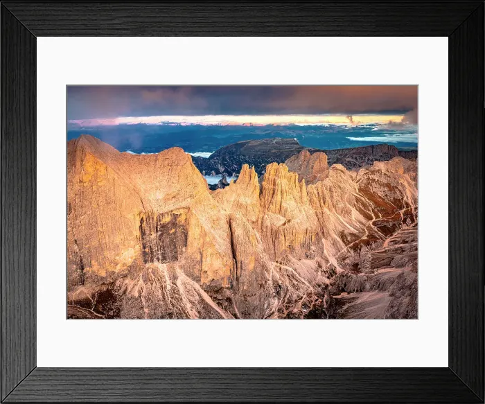 Framed Print : Idyllic sunrise over Catinaccio (Rosengarten), Cima Catinaccio, and Torri Del Vajolet in autumn, aerial view, Dolomites, Italy Framed Print : Idyllic sunrise over Catinaccio (Rosengarten), Cima Catinaccio, and Torri Del Vajolet in autumn, aerial view, Dolomites, Italy