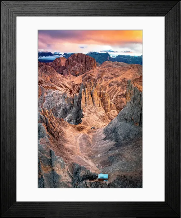 Framed Print : Rifugio Passo Santner mountain hut and Torri Del Vajolet pinnacles at dawn in autumn, helicopter view, Dolomites, Italy Framed Print : Rifugio Passo Santner mountain hut and Torri Del Vajolet pinnacles at dawn in autumn, helicopter view, Dolomites, Italy