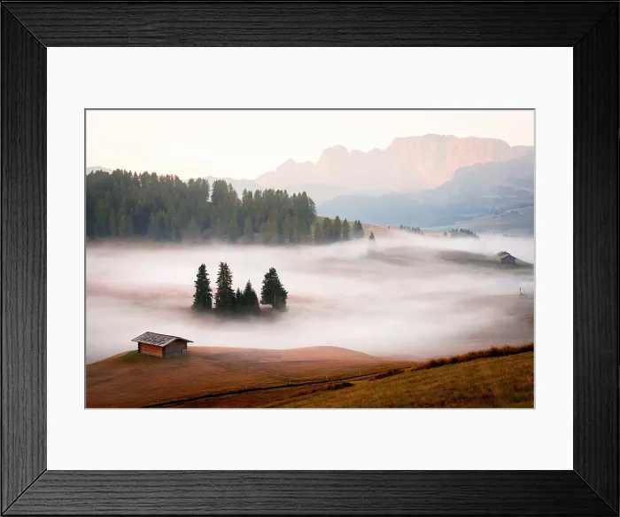 Framed Print : Lone mountain hut surrounded by autumn woods in the mist, Seiser Alm, Dolomites, South Tyrol, Italy Framed Print : Lone mountain hut surrounded by autumn woods in the mist, Seiser Alm, Dolomites, South Tyrol, Italy
