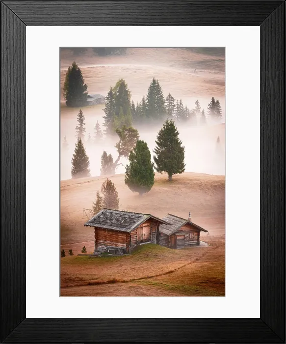 Framed Print : Wood farm huts on rolling meadows in the autumn mist, Seiser Alm, Dolomites, South Tyrol, Italy