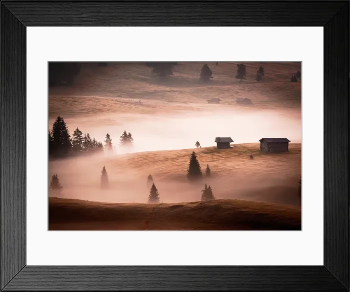 Framed Print : Rolling landscape of Seiser Alm plateau under a foggy sky at dawn in autumn, Dolomites, South Tyrol, Italy Framed Print : Rolling landscape of Seiser Alm plateau under a foggy sky at dawn in autumn, Dolomites, South Tyrol, Italy