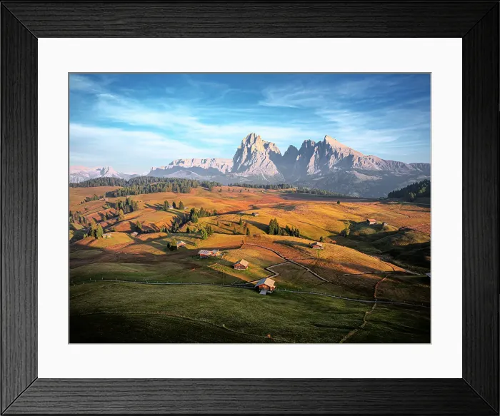 Framed Print : Traditional huts with Sassolungo and Sassopiatto at sunset in autumn, Seiser Alm, Dolomites, South Tyrol, Italy Framed Print : Traditional huts with Sassolungo and Sassopiatto at sunset in autumn, Seiser Alm, Dolomites, South Tyrol, Italy
