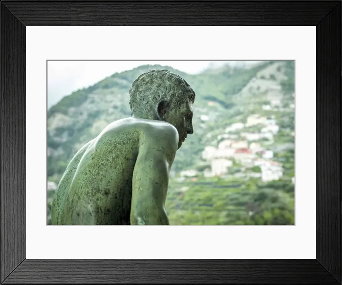Framed Print : europe, Italy, Campania. Ravello, Villa Cimbrone, a beautiful bronce statue on a balcony with a view Framed Print : europe, Italy, Campania. Ravello, Villa Cimbrone, a beautiful bronce statue on a balcony with a view