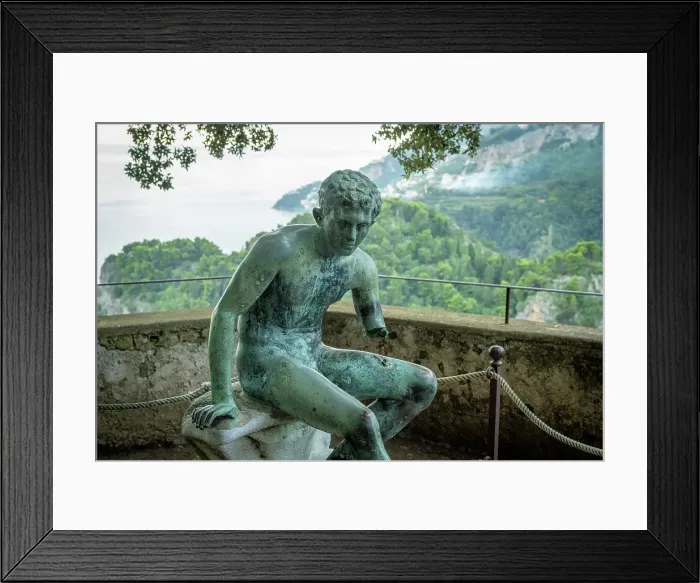 Framed Print : europe, Italy, Campania. Ravello, Villa Cimbrone, a beautiful bronce statue on a balcony with a view Framed Print : europe, Italy, Campania. Ravello, Villa Cimbrone, a beautiful bronce statue on a balcony with a view