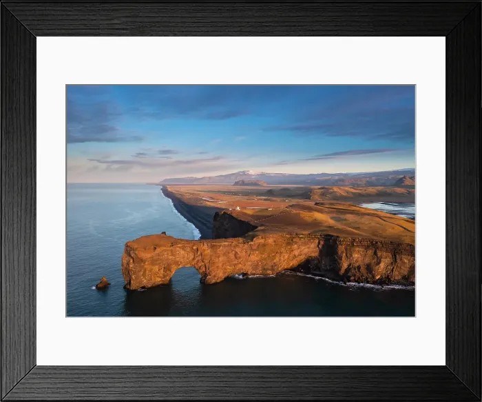 Framed Print : Aerial view of the Dyrholaey arch and cliff at sunrise. Vík í Mýrdal, southern Iceland, Iceland, Northern Europe Framed Print : Aerial view of the Dyrholaey arch and cliff at sunrise. Vík í Mýrdal, southern Iceland, Iceland, Northern Europe