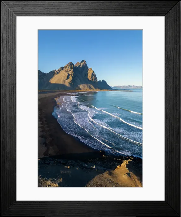 Framed Print : Aerial view of the black sand dunes in front of Vestrahorn mountain. Stokksnes peninsula, Hofn, Austurland, Iceland Framed Print : Aerial view of the black sand dunes in front of Vestrahorn mountain. Stokksnes peninsula, Hofn, Austurland, Iceland