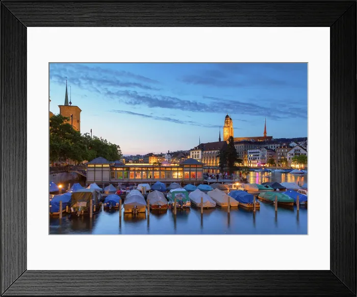 Framed Print : Grossmunster and boats on Limmat River at dusk, Zurich, Switzerland Framed Print : Grossmunster and boats on Limmat River at dusk, Zurich, Switzerland