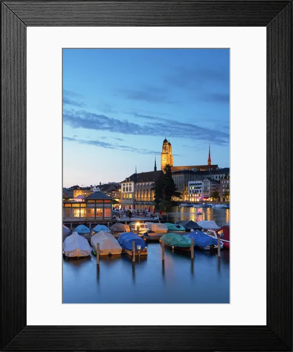 Framed Print : Grossmunster and boats on Limmat River at dusk, Zurich, Switzerland Framed Print : Grossmunster and boats on Limmat River at dusk, Zurich, Switzerland