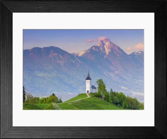Framed Print : Jamnik church, with Mount Triglav on the background, at sunset. Jamnik, Kranj, Upper Carniola, Slovenia Framed Print : Jamnik church, with Mount Triglav on the background, at sunset. Jamnik, Kranj, Upper Carniola, Slovenia