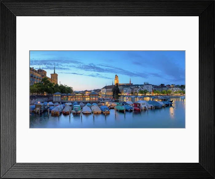 Framed Print : Grossmunster and boats on Limmat River at dusk, Zurich, Switzerland Framed Print : Grossmunster and boats on Limmat River at dusk, Zurich, Switzerland