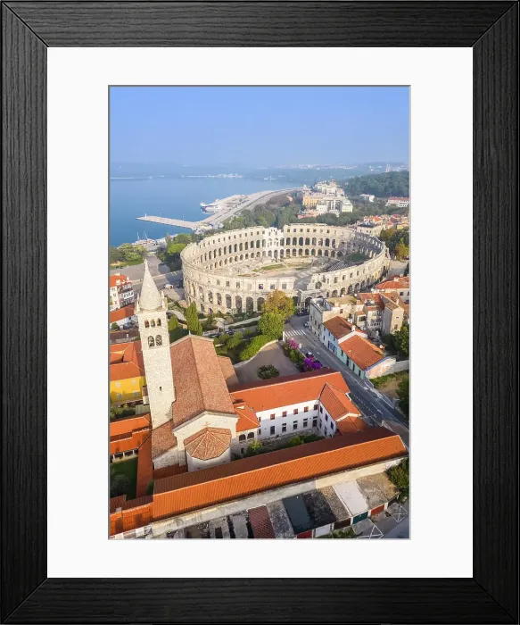 Framed Print : View of the St. Anthony Church and Pula Arena at sunrise. Pula, Istria, Croatia Framed Print : View of the St. Anthony Church and Pula Arena at sunrise. Pula, Istria, Croatia