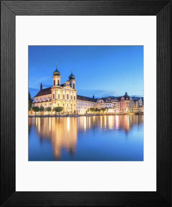 Framed Print : Franz Xaver Jesuit Church and Reuss River at dusk, Lucerne, Switzerland Framed Print : Franz Xaver Jesuit Church and Reuss River at dusk, Lucerne, Switzerland