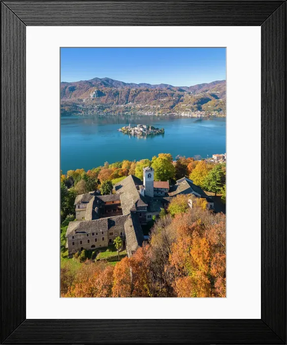 Framed Print : Sacro Monte of Orta and San Giulio island on Lake Orta. Orta Lake, Province of Novara, Piedmont, Italy Framed Print : Sacro Monte of Orta and San Giulio island on Lake Orta. Orta Lake, Province of Novara, Piedmont, Italy