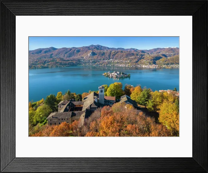 Framed Print : Sacro Monte of Orta and San Giulio island on Lake Orta. Orta Lake, Province of Novara, Piedmont, Italy