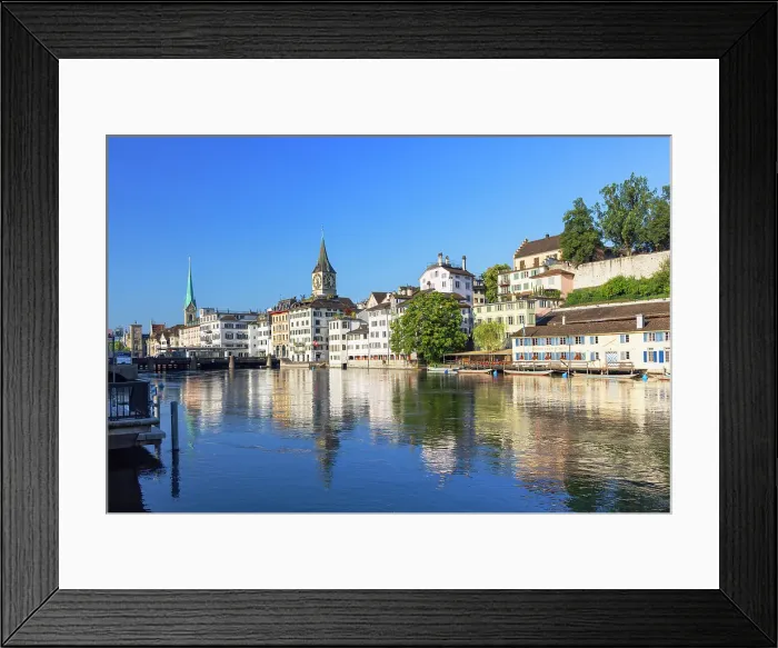Framed Print : Fraumunster church, St Peter church on Limmat River, Zurich, Switzerland Framed Print : Fraumunster church, St Peter church on Limmat River, Zurich, Switzerland