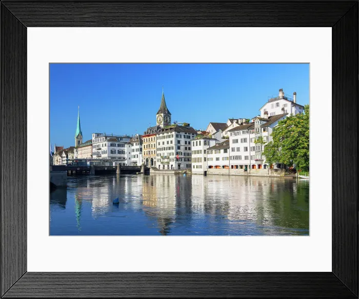 Framed Print : Fraumunster church, St Peter church on Limmat River, Zurich, Switzerland Framed Print : Fraumunster church, St Peter church on Limmat River, Zurich, Switzerland