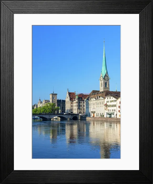 Framed Print : Fraumunster church and Munster Bridge on Limmat River, Zurich, Switzerland Framed Print : Fraumunster church and Munster Bridge on Limmat River, Zurich, Switzerland