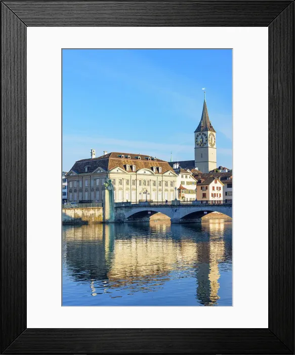 Framed Print : St Peter church and Munster Bridge on Limmat River, Zurich, Switzerland Framed Print : St Peter church and Munster Bridge on Limmat River, Zurich, Switzerland