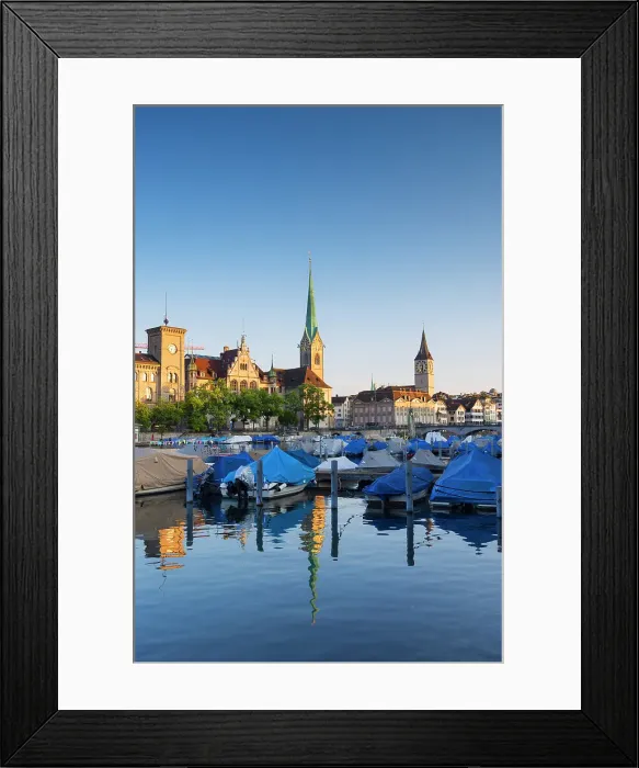 Framed Print : Fraumunster church, St Peter church on Limmat River, Zurich, Switzerland