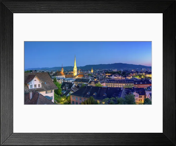 Framed Print : City skyline from Polyterrase at dusk, Zurich, Switzerland Framed Print : City skyline from Polyterrase at dusk, Zurich, Switzerland