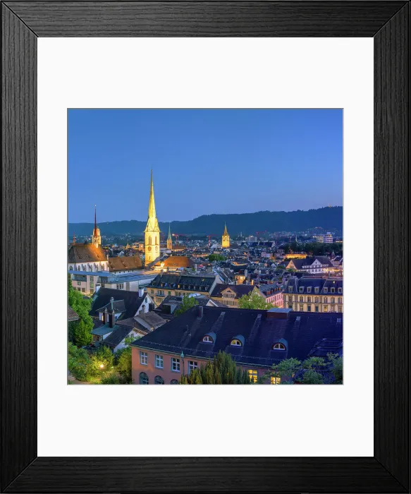 Framed Print : City skyline from Polyterrase at dusk, Zurich, Switzerland Framed Print : City skyline from Polyterrase at dusk, Zurich, Switzerland