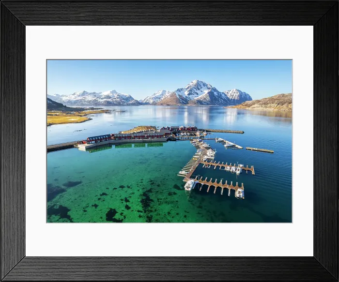 Framed Print : Arctic landscape in winter with red rorbu and the marina, day light, Vestvagoy, Lofoten Islands, Nordland, Norway, Scandinavia, Europe Framed Print : Arctic landscape in winter with red rorbu and the marina, day light, Vestvagoy, Lofoten Islands, Nordland, Norway, Scandinavia, Europe