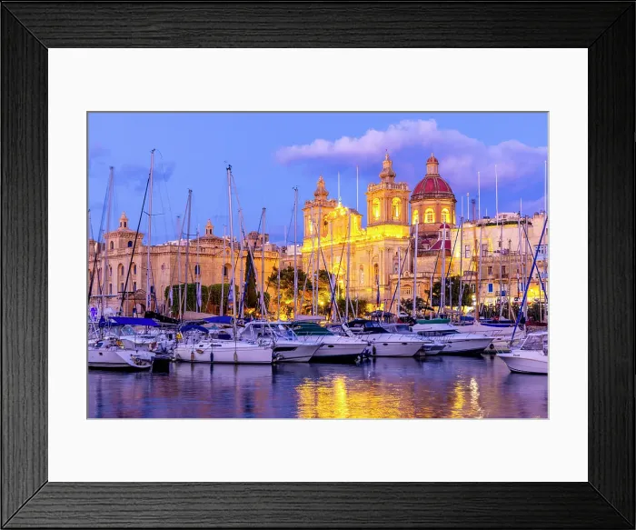 Framed Print : Church of St. Lawrence and Malta Maritime Museum at Dusk, Grand Harbour, Birgu, Malta, Southern Europe