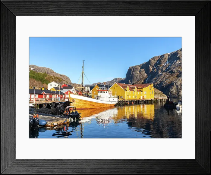 Framed Print : Wooden fishing vessel anchored at the pier, Nusfjord, UNESCO world heritage site, Flakstad, Flakstadoya, Nordland, Lofoten Islands, Norway Framed Print : Wooden fishing vessel anchored at the pier, Nusfjord, UNESCO world heritage site, Flakstad, Flakstadoya, Nordland, Lofoten Islands, Norway