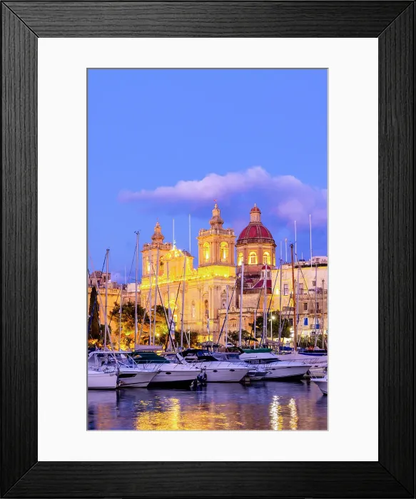 Framed Print : Church of St. Lawrence and Malta Maritime Museum at Dusk, Grand Harbour, Birgu, Malta, Southern Europe