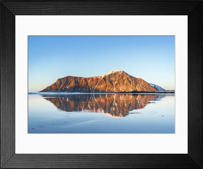 Framed Print : Skagsanden beach with the mountain reflecting in the wet sand at sunset, Ramberg, Nordland county, Lofoten Islands, Northern Norway
