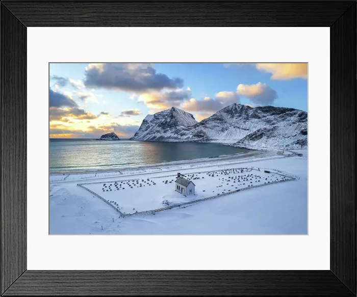 Framed Print : Winter view of the church and the cemetery covered with snow after snowfall at susnet, Vik beach, Haukland, Vestvagoy, Lofoten Islands, Nordland, Norway Framed Print : Winter view of the church and the cemetery covered with snow after snowfall at susnet, Vik beach, Haukland, Vestvagoy, Lofoten Islands, Nordland, Norway