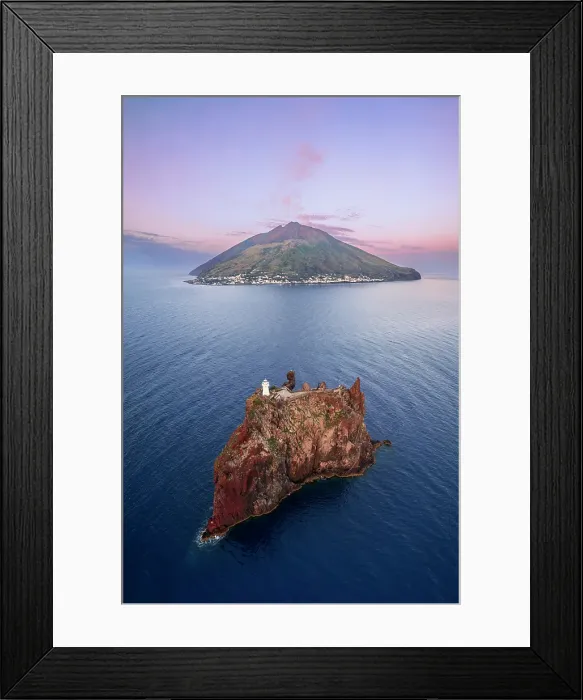 Framed Print : Stromboli volcano with the island of Strombolicchio and the lighthouse, Stromboli island, UNESCO World Heritage Site, Aeolian Islands, Sicily, Italy