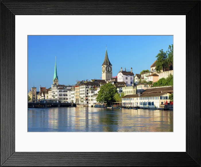 Framed Print : Fraumunster church, St Peter church on Limmat River, Zurich, Switzerland Framed Print : Fraumunster church, St Peter church on Limmat River, Zurich, Switzerland