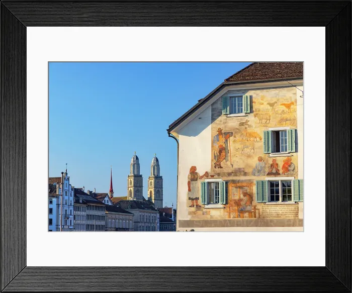 Framed Print : Grossmunster and mural on building, Zurich, Switzerland Framed Print : Grossmunster and mural on building, Zurich, Switzerland