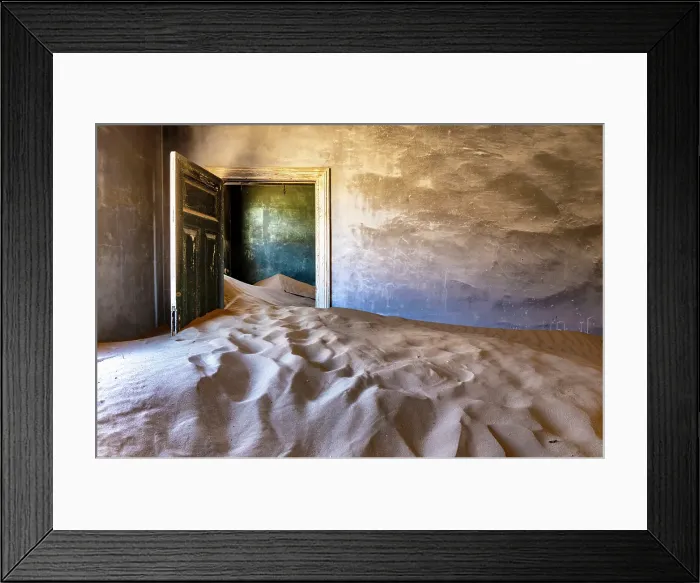 Framed Print : Rooms full of sand in abandoned diamond mining town of Kolmanskop, Luderitz, Namib Desert, Namibia