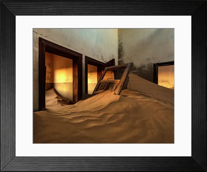 Framed Print : Rooms full of sand in abandoned diamond mining town of Kolmanskop, Luderitz, Namib Desert, Namibia