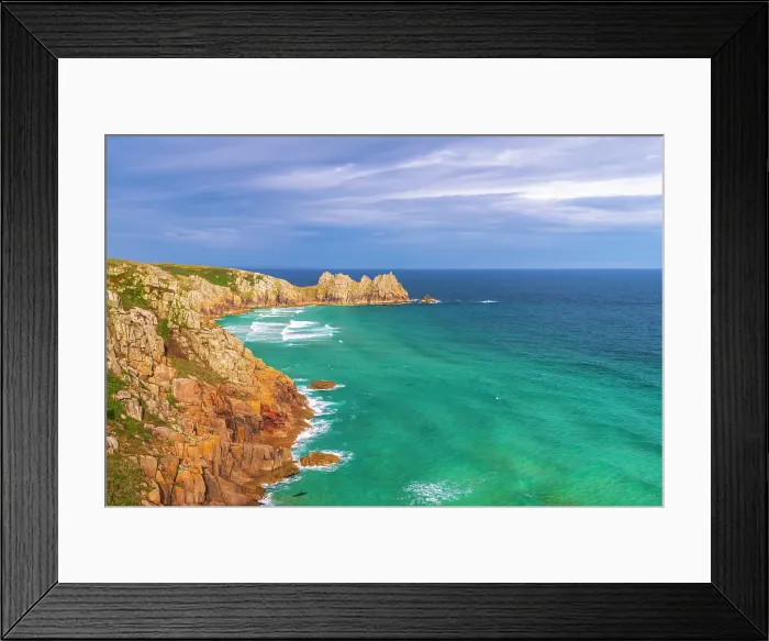 Framed Print : UK, England, Cornwall, Porthcurno, Green Bay Beach and Logan Rock Headland Framed Print : UK, England, Cornwall, Porthcurno, Green Bay Beach and Logan Rock Headland