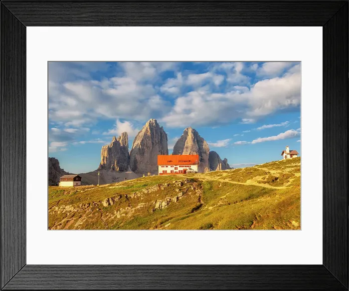 Framed Print : Refuge of Locatelli refuge with the Three Peaks of Lavaredo in the background in summer. Sesto Dolomites, Trentino Alto Adige, Italy Framed Print : Refuge of Locatelli refuge with the Three Peaks of Lavaredo in the background in summer. Sesto Dolomites, Trentino Alto Adige, Italy