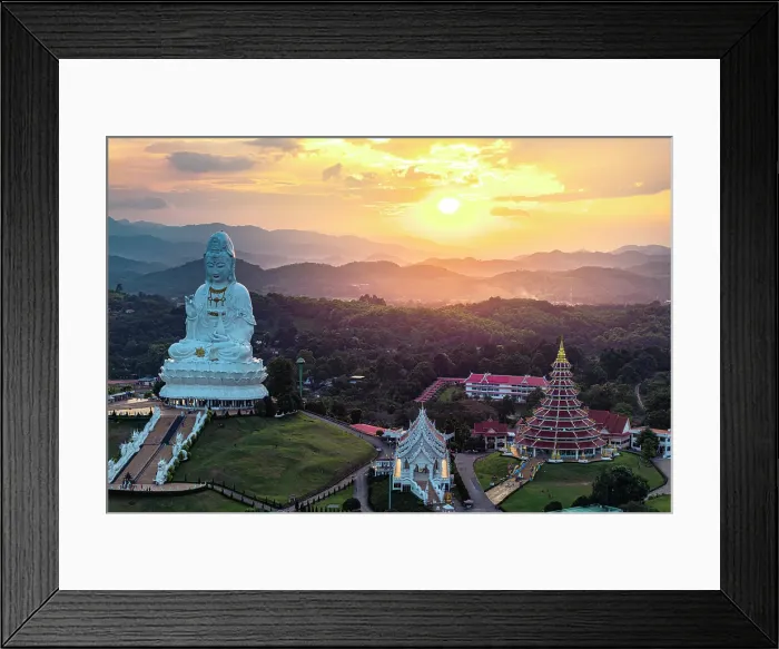 Framed Print : Romantic sky at sunset over the majestic Buddha statue and pagoda, Wat Huay Pla Kang temple, aerial view, Chiang Rai, Thailand Framed Print : Romantic sky at sunset over the majestic Buddha statue and pagoda, Wat Huay Pla Kang temple, aerial view, Chiang Rai, Thailand