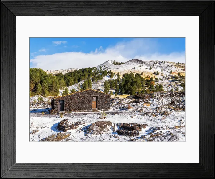 Framed Print : Santa Barbara mountain hut made of volcanic rocks surrounded by craters and lava field, Piano Vetore, Regalna, Catania province, Sicily, Italy Framed Print : Santa Barbara mountain hut made of volcanic rocks surrounded by craters and lava field, Piano Vetore, Regalna, Catania province, Sicily, Italy