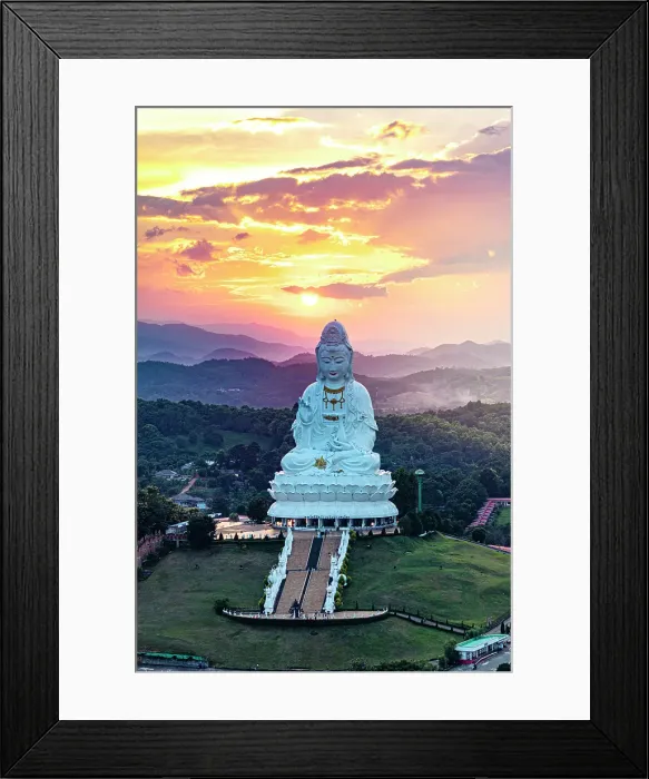 Framed Print : Giant Buddha statue at Wat Huay Pla Kang temple under a romantic sky at sunset, aerial view, Chiang Rai Province, Thailand Framed Print : Giant Buddha statue at Wat Huay Pla Kang temple under a romantic sky at sunset, aerial view, Chiang Rai Province, Thailand