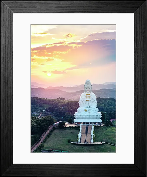 Framed Print : Aerial view of Wat Huay Pla Kang temple on top of lush green hills in sunset mist, Chiang Rai Province, Thailand