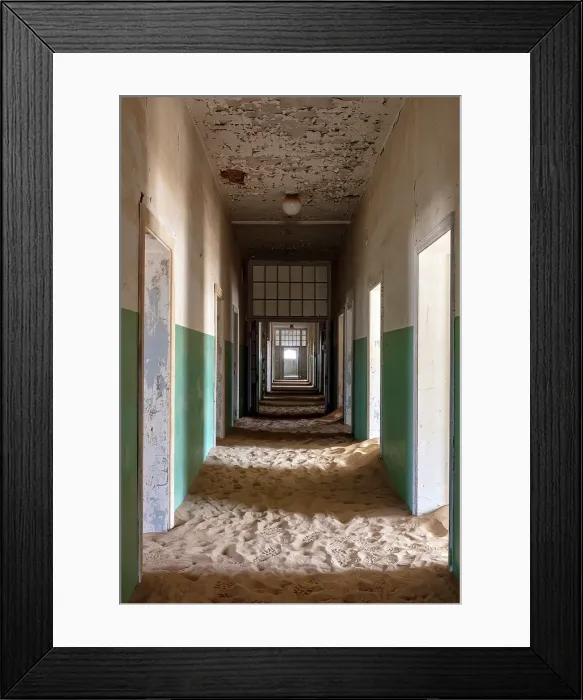 Framed Print : Derelict hospital with floor covered in sand in abandoned diamond mining town of Kolmanskop, Luderitz, Namib Desert, Namibia Framed Print : Derelict hospital with floor covered in sand in abandoned diamond mining town of Kolmanskop, Luderitz, Namib Desert, Namibia
