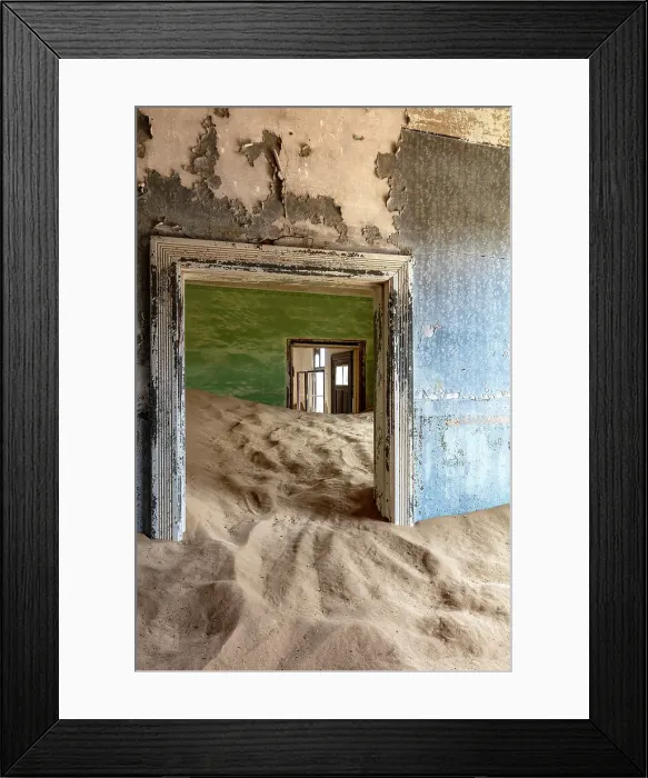 Framed Print : Rooms full of sand in abandoned diamond mining town of Kolmanskop, Luderitz, Namib Desert, Namibia