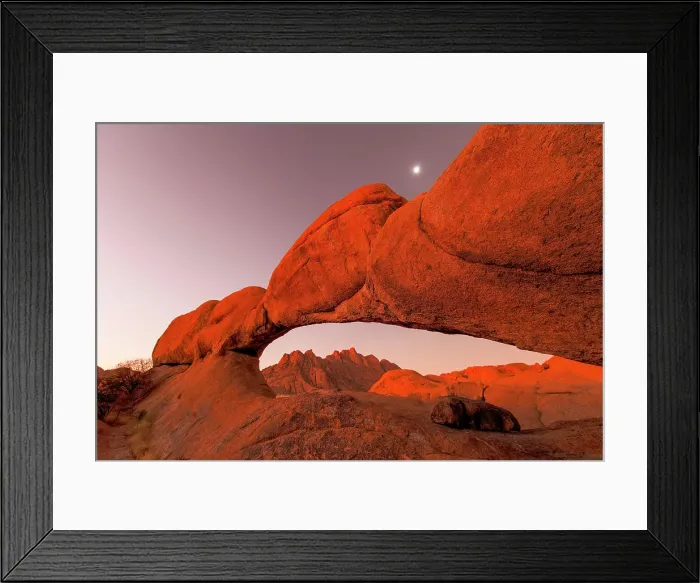 Framed Print : Natural granite arch and moon at twilight, Spitzkoppe, Namib Desert, Namibia Framed Print : Natural granite arch and moon at twilight, Spitzkoppe, Namib Desert, Namibia