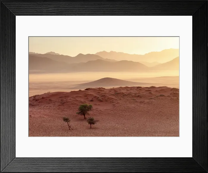 Framed Print : Mountains and sand dunes at sunset, Namib Rand Nature Reserve, Namib Desert, Namibia