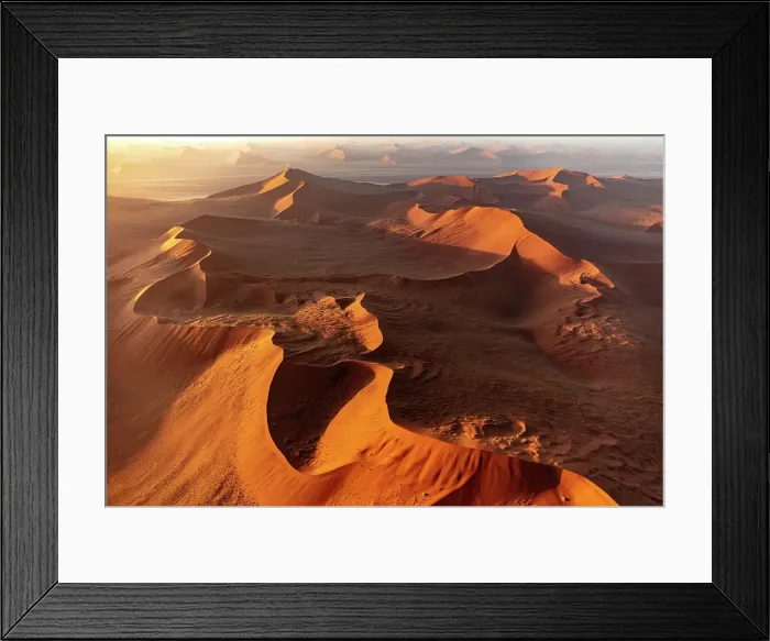 Framed Print : Aerial view of golden sand dunes at sunrise, Sossusvlei, Namib-Naukluft National Park, Namib Desert, Namibia Framed Print : Aerial view of golden sand dunes at sunrise, Sossusvlei, Namib-Naukluft National Park, Namib Desert, Namibia
