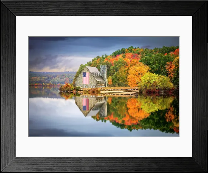 Framed Print : Old Stone Church in West Boylston, decorated with an american Flag, West Boylston, Massachusetts, New England, USA Framed Print : Old Stone Church in West Boylston, decorated with an american Flag, West Boylston, Massachusetts, New England, USA